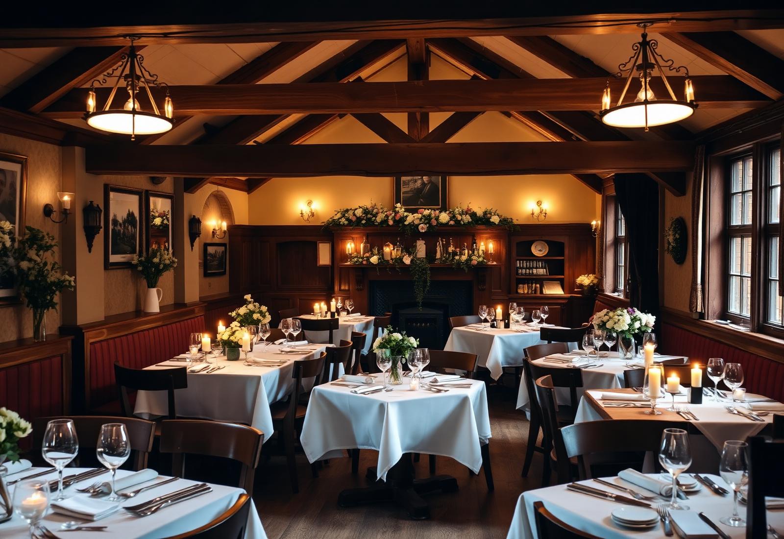 Warm candlelit pub dining room with wooden beams and flowers