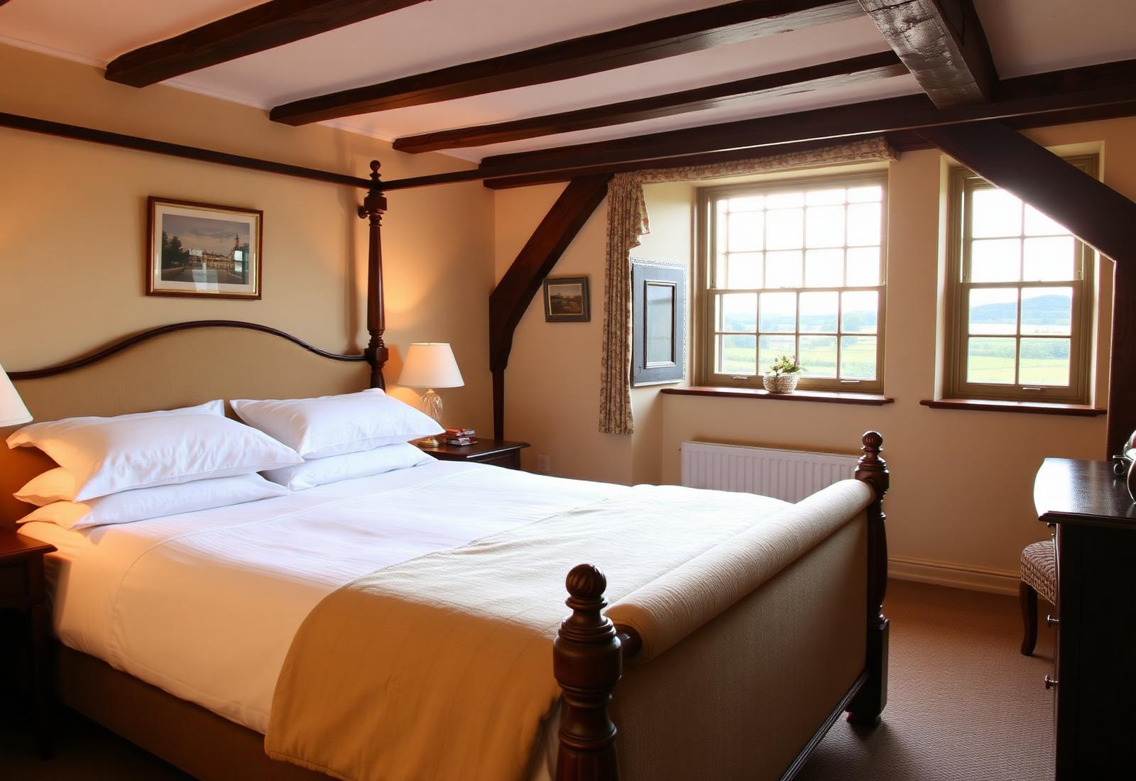 Cosy inn bedroom with wooden beams, crisp white linen and a countryside view